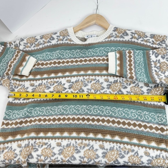 Vintage Fair Isle Pullover Sweater Beige Turquoise Womens Size L XL 80s 90s USA - Picture 7 of 8